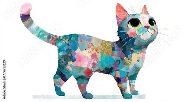 Fototapeta A colorful, artistic illustration of a cat, featuring a patchwork design with various patterns and vibrant colors.