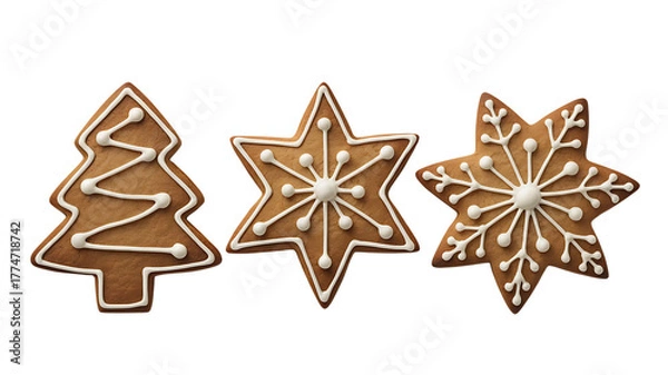 Fototapeta Three gingerbread cookies isolated on transparent background, christmas tree, star