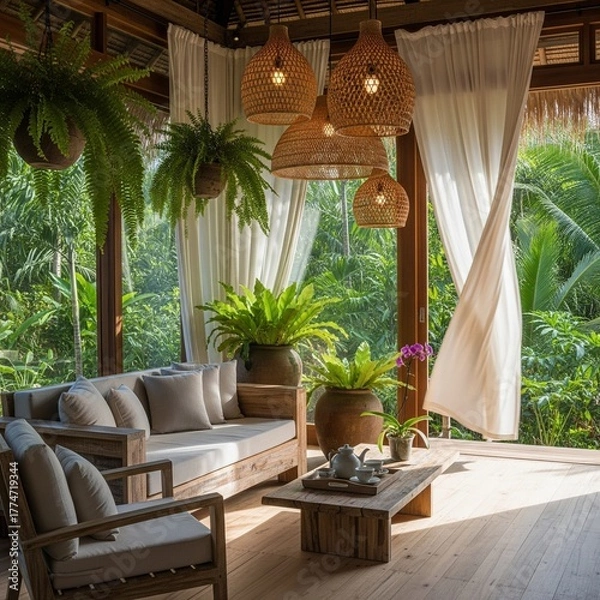 Obraz Peaceful tropical jungle villa living room with rustic wooden furniture and hanging plants.