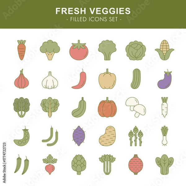Obraz Fresh veggies - filled icons set