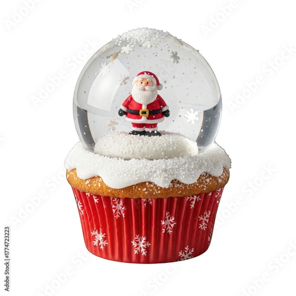Fototapeta Santa snow globe sits atop a festive cupcake on transparent background