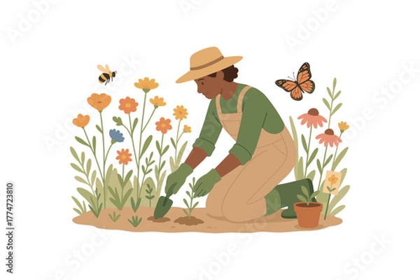 Obraz gardener planting wildflowers pollinator friendly garden no outline flat vector illustration style isolated on white background soft natural hues