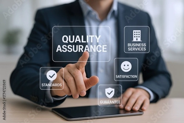 Fototapeta Quality Assurance Concept: Business Professional Interacting with Virtual Interface for Standards, Satisfaction, Guarantee, and Services