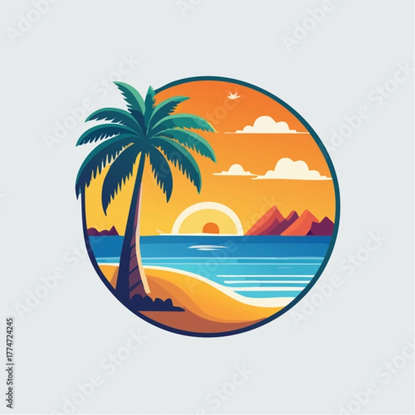 Obraz Tropical beach landscape illustration with palm tree sun and ocean in round frame