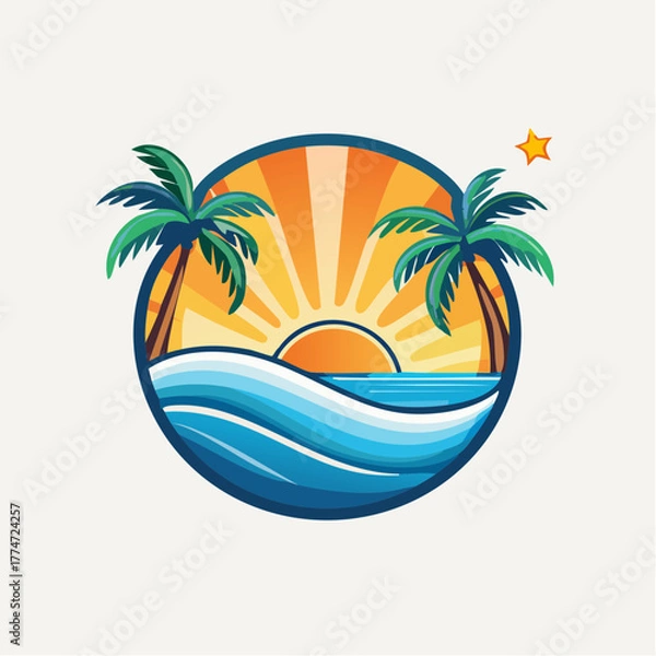 Obraz Tropical beach scene with palm trees ocean waves and sunrise illustration