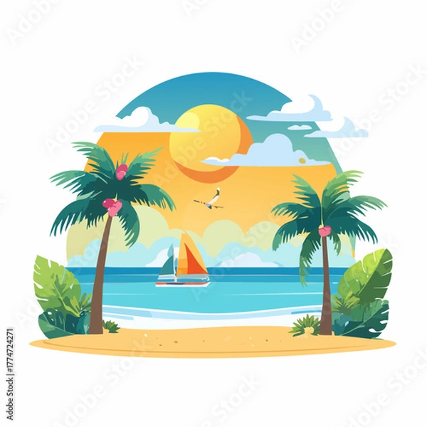 Obraz Tropical beach scene with sailboat palm trees and ocean illustration