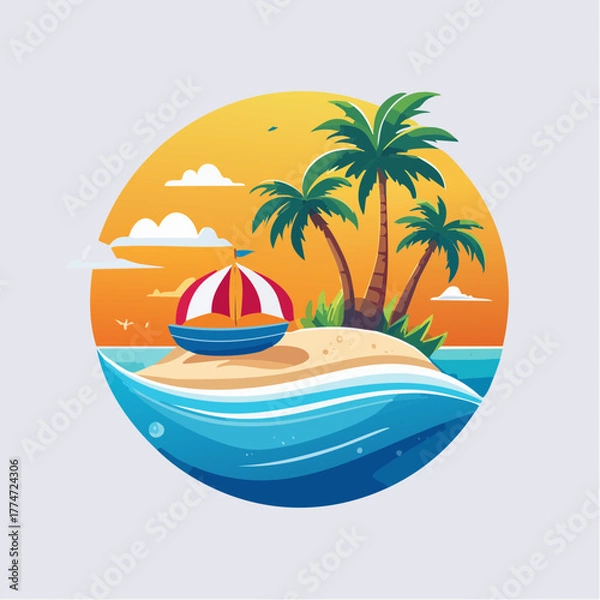 Obraz Tropical island paradise palm trees boat and ocean illustration