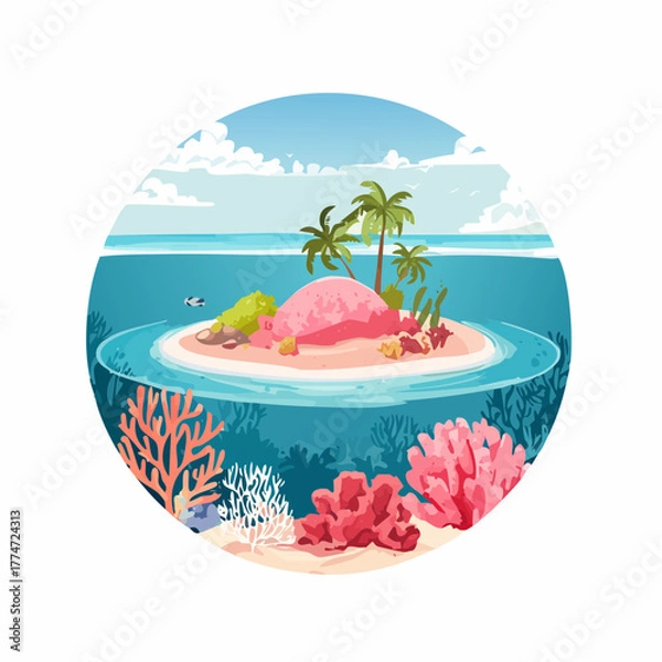 Obraz Tropical island paradise illustration with palm trees and coral reef