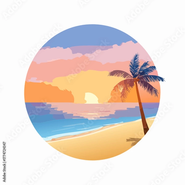 Obraz Tropical sunset beach scene with palm tree and ocean illustration