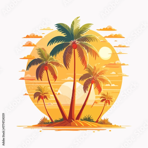 Obraz Tropical sunset scene with palm trees and sun illustration for vacation concept
