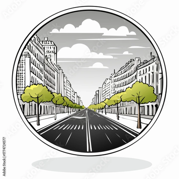 Obraz Urban street scene illustration buildings and road in a circular frame