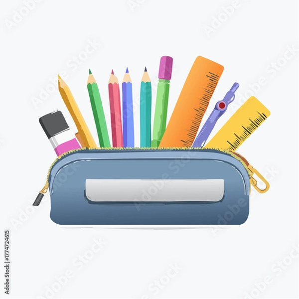Obraz Various school supplies displayed inside a blue pencil case on white background