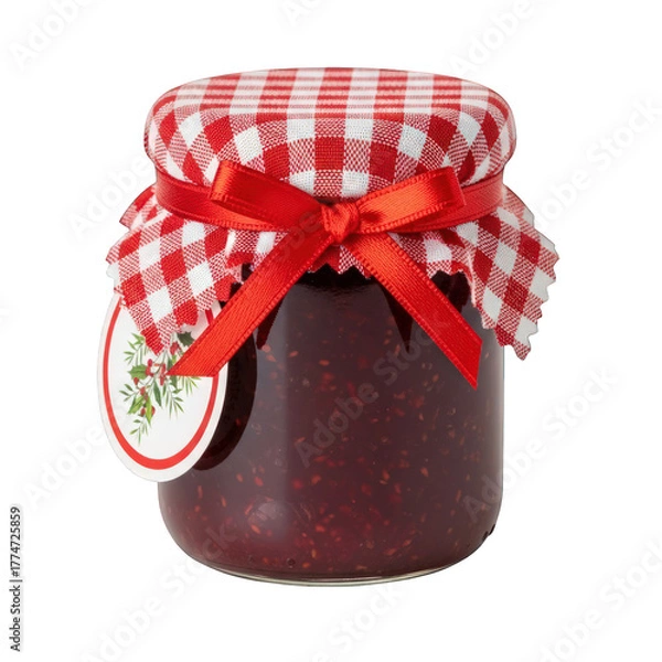 Fototapeta Homemade raspberry jam jar with red ribbon and gingham on transparent background