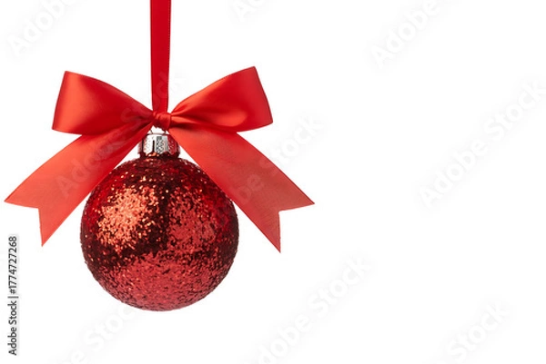 Fototapeta Red christmas ball ornament with ribbon isolated on transparent background