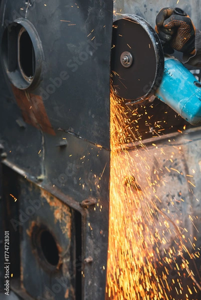 Fototapeta Worker using a cutting disc to cut metal