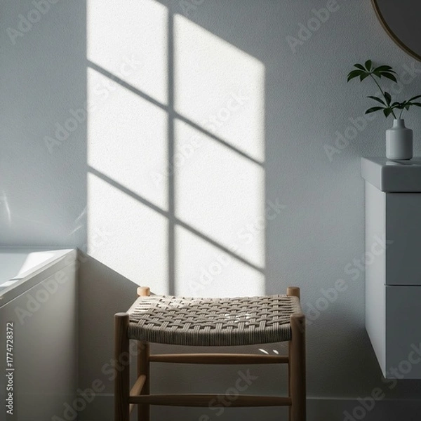 Fototapeta Sunlight casting a window shadow on a wall in a minimalist room with a woven stool.