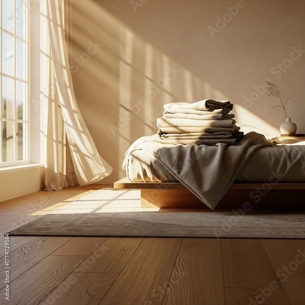 Obraz Sunlit bedroom interior with warm morning light and shadows from the window.