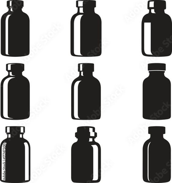 Fototapeta Collection of silhouette vials and bottles in a grid