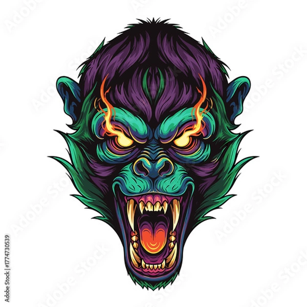 Fototapeta A vibrant illustration of a ferocious ape's face, displaying sharp teeth and fiery eyes.