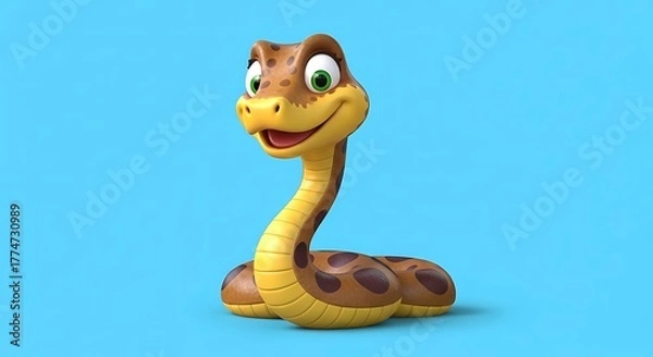Fototapeta Cartoon snake with green eyes smiling sweetly at the camera on blue backdrop