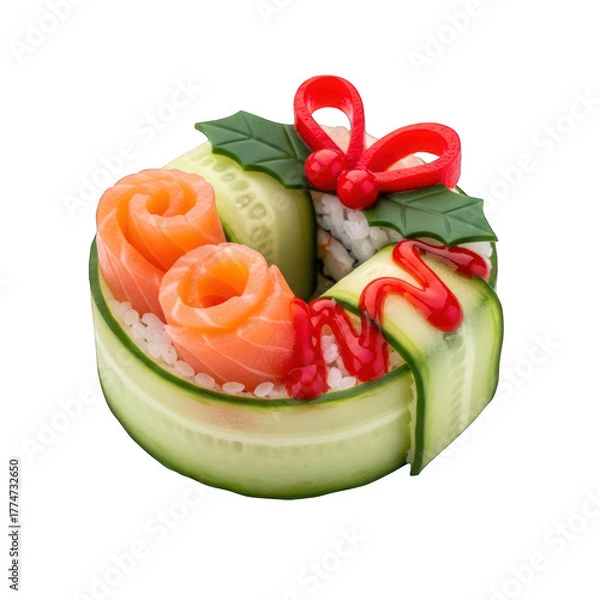 Fototapeta Festive sushi wreath with salmon and cucumber rolls on transparent background