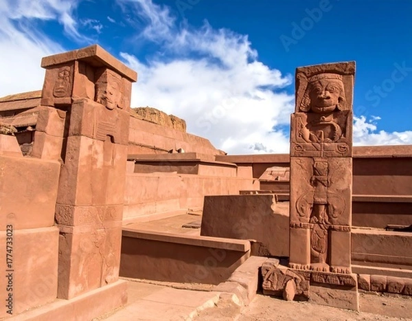 Fototapeta Ancient sandstone structure adorned with carved faces under a brilliant blue, cloudy sky