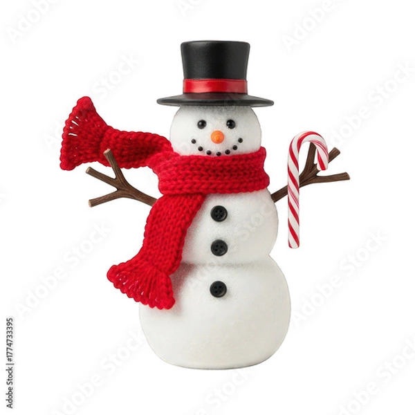 Obraz Festive snowman with red scarf and candy cane decor on transparent background