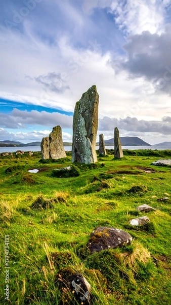 Fototapeta Ancient standing stones in a grassy field beneath a cloudy sky, distant islands visible