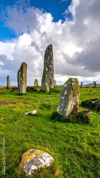 Fototapeta Ancient standing stones in a green grassy field under a blue sky with white clouds
