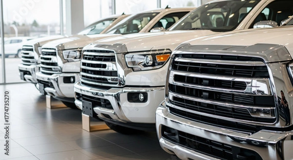 Obraz Shiny white pickup trucks lined up in a modern dealership showroom ready for purchase
