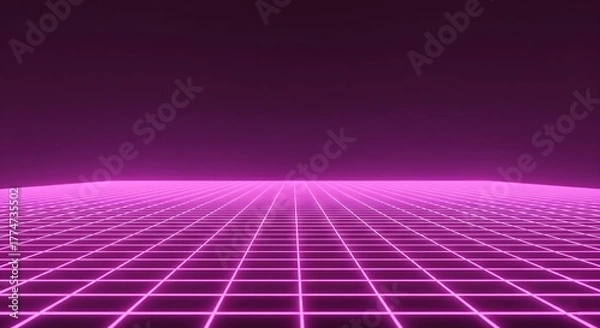 Fototapeta Striking retrowave or synthwave abstract background featuring a glowing pink neon grid extending into the distance over a dark purple void, evoking a futuristic 80s aesthetic