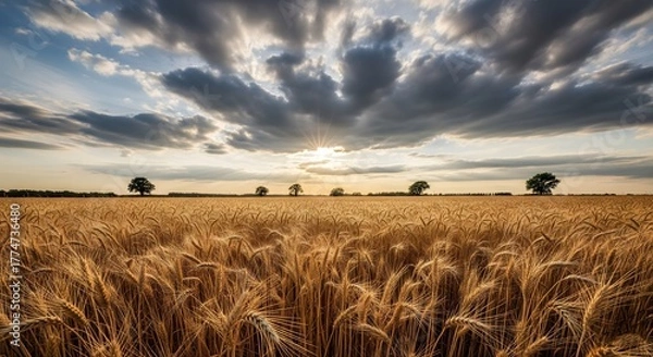 Fototapeta Stunning golden wheat field ripe for harvest under a dramatic cloudy sky with the sun breaking through at sunset or sunrise