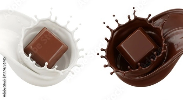 Fototapeta Symmetrical dynamic splash of milk and chocolate liquid surrounding two solid square candy pieces, isolated on a clean white background