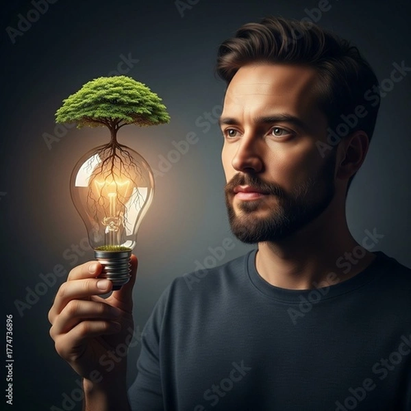 Fototapeta Thoughtful man holding a glowing lightbulb with a green tree growing inside representing sustainable energy.