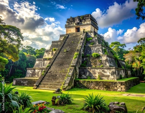 Fototapeta Ancient stepped pyramid with temple at the top, set against a vibrant sky and lush forest