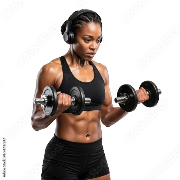 Obraz Focused athletic woman with toned physique performing bicep curls with dumbbells wearing headphones isolated on transparent background