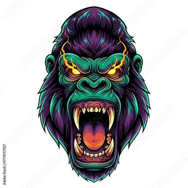 Fototapeta Colorful illustration of an angry gorilla head with glowing eyes and bared teeth, isolated on a white background.