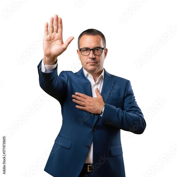 Obraz A serious businessman wearing a blue suit and glasses raises his right hand and places his left hand over his heart isolated on transparent background
