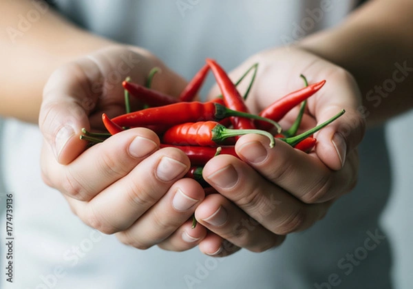 Obraz Hands gently cradle vibrant red chili peppers, showcasing fresh ingredients for spicy culinary creations and healthy eating inspiration.