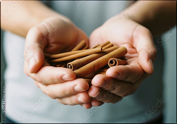 Obraz Warm hands gently cradle aromatic cinnamon sticks, evoking cozy autumn vibes and culinary inspiration for baking and healthy living