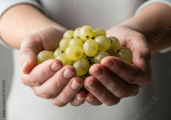 Fototapeta Nourishing hands gently cradle a vibrant cluster of fresh green grapes, evoking health, freshness, and natural goodness for healthy eating and lifestyle concepts.