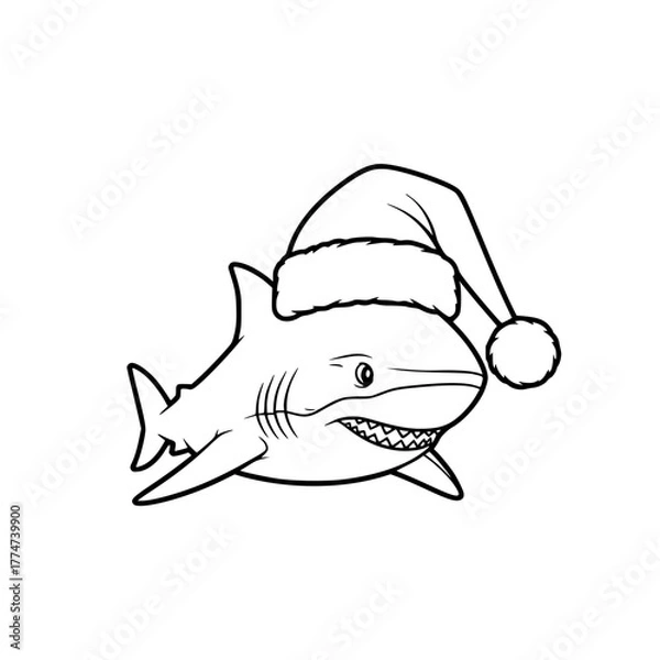 Obraz A festive shark is ready for a Christmas celebration, smiling with a Santa hat. vector illustration