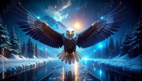 Fototapeta A bald eagle soars above a frozen river at sunset, wings spread wide, symbolizing power and freedom