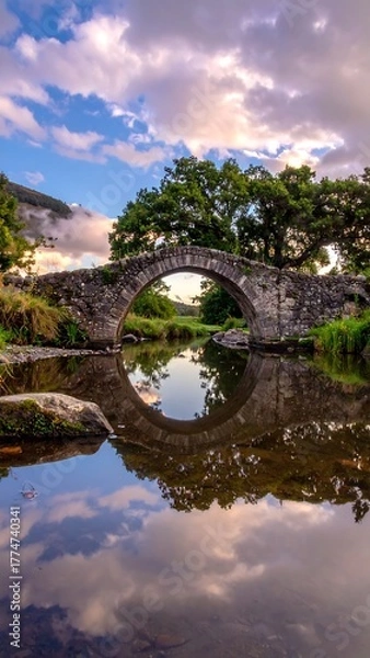 Fototapeta Ancient stone bridge arches over a calm river, with reflections and sky with fluffy clouds