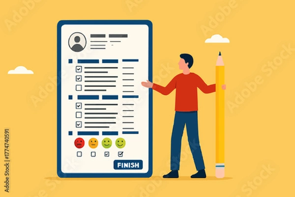 Fototapeta Online survey questionnaire, comments or criticism and suggestions, answer questions online, customer feedback list for evaluation, man with pencil finish online survey questionnaire on smartphone