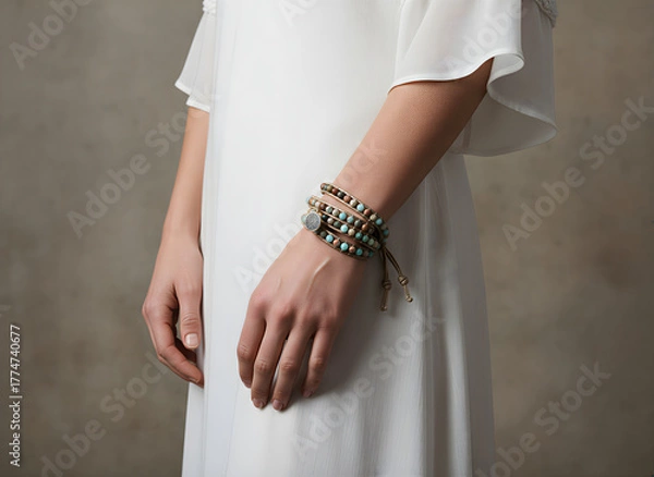 Obraz Boho wrap bracelet styled with elegant white dress. Natural look with artisan beads and tree of life charm. Feminine bohemian accessory for a soft and elegant outfit