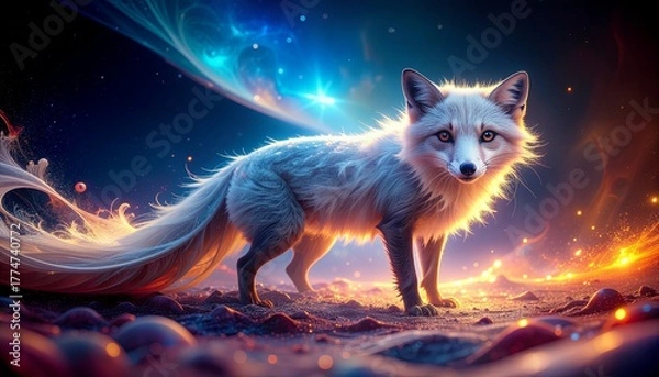 Fototapeta A majestic Arctic fox with glowing white fur stands on snow under a magical aurora sky