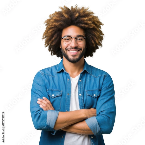 Obraz A cheerful black man with a distinctive afro hairstyle and glasses smiles broadly with his arms crossed isolated on transparent background