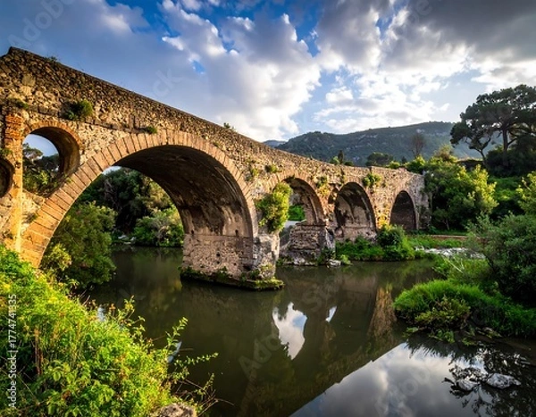 Fototapeta Ancient stone bridge spans a river, reflecting under a partly cloudy sky at sunset