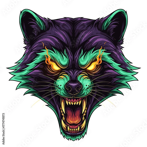 Fototapeta A stylized illustration of a raccoon with a fierce expression, glowing eyes, and open mouth.